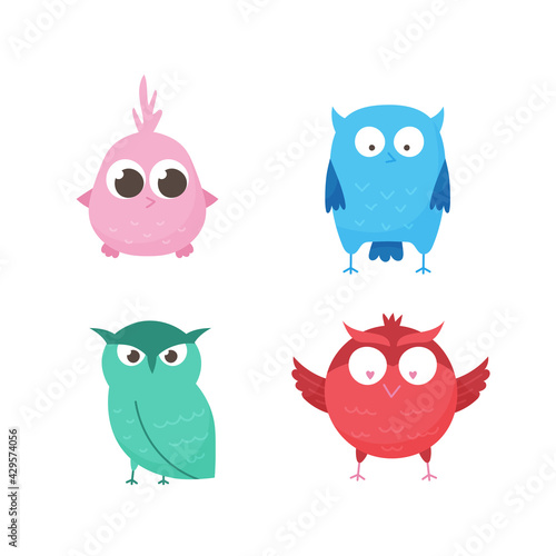 Wallpaper Mural Isolated on white background cute forest owls. Set of cartoon animals for print, children development. Varieties of decorative colored birds, flat geometric design. Vector illustration Torontodigital.ca