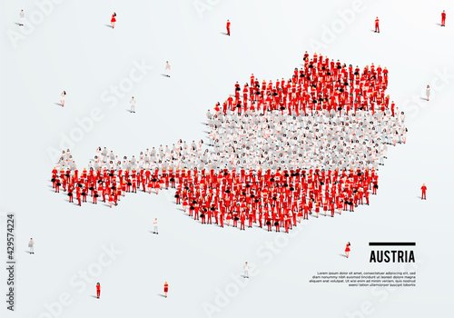 Austria Map and Flag. A large group of people in the Austrian flag color form to create the map. Vector Illustration.