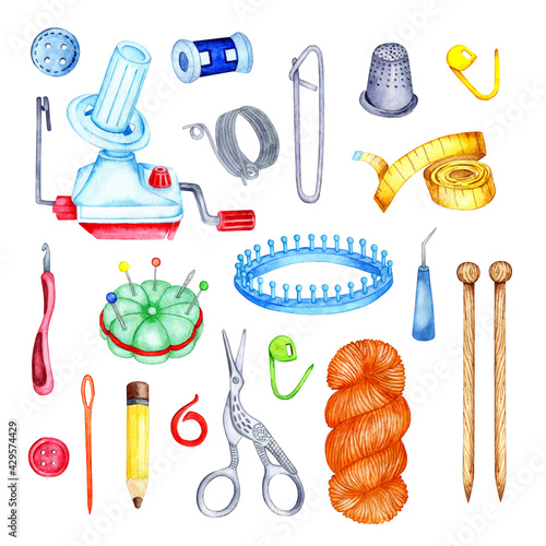 Watercolor illustration of a set of knitting tools. Knitting needles, crochet hook, luma, yarn winder, ball of thread, centimeter, scissors. DIY tools for needlework, creativity. Isolated over white 