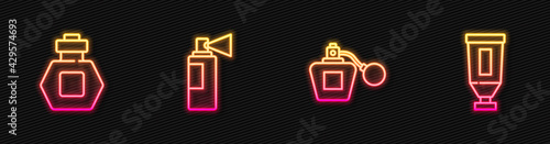 Set line Perfume, , and Cream or lotion cosmetic tube. Glowing neon icon. Vector