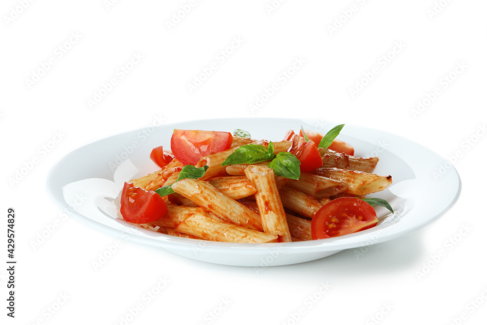 Plate with pasta with tomato sauce isolated on white background Plate with pasta with tomato sauce isolated on white background