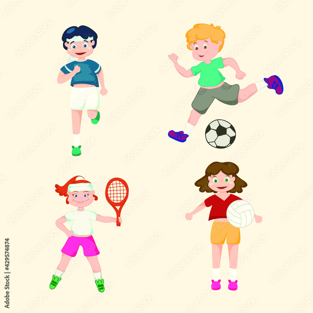 Sports cartoon children playing football and badminton elements Sports cartoon children playing football and badminton elements