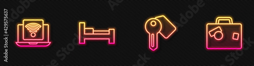 Set line Hotel door lock key, Wireless laptop, room bed and Suitcase. Glowing neon icon. Vector