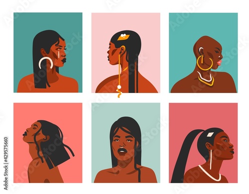 Hand drawn vector abstract stock flat graphic illustrations with ethnic bohemian tribal black,beautiful african american women collection portrait set isolated on color background