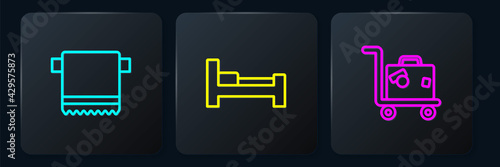 Set line Towel on hanger, Suitcase and Hotel room bed. Black square button. Vector