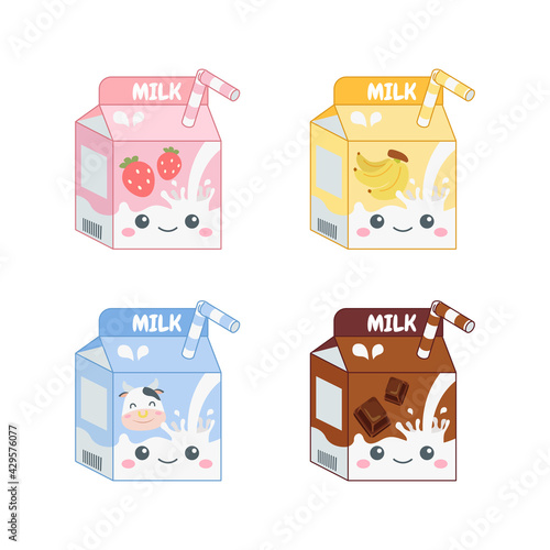 Cute colorful milk packaging of different flavor. Flat vector cartoon design