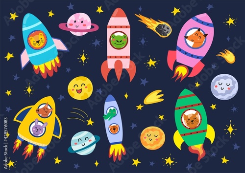 Space animals in their rockets set. Funny astronauts in spaceships - frog, fox, cat, lion, dog and rabbit. Great for nursery prints. Vector illustration