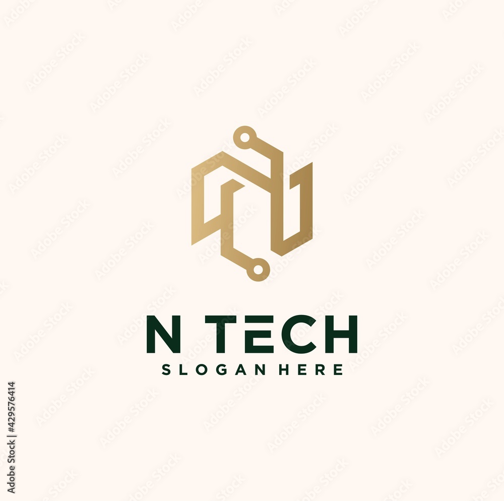 Abstract monogram logo N tech letter design set, in gold color Abstract monogram logo N tech letter design set, in gold color