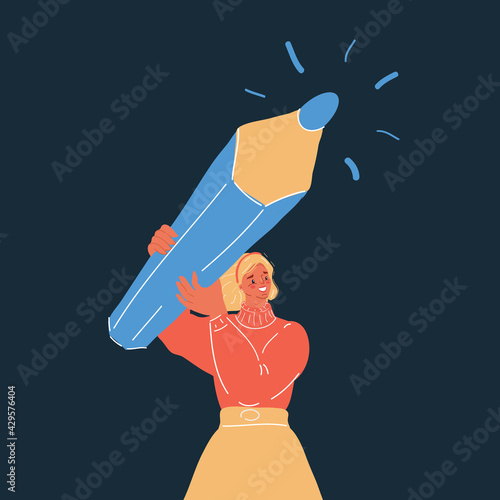 Vector illustration of woman holding a big pencil on dark backround.