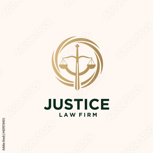 Justice law firm logo with gold color, firm, law, justice