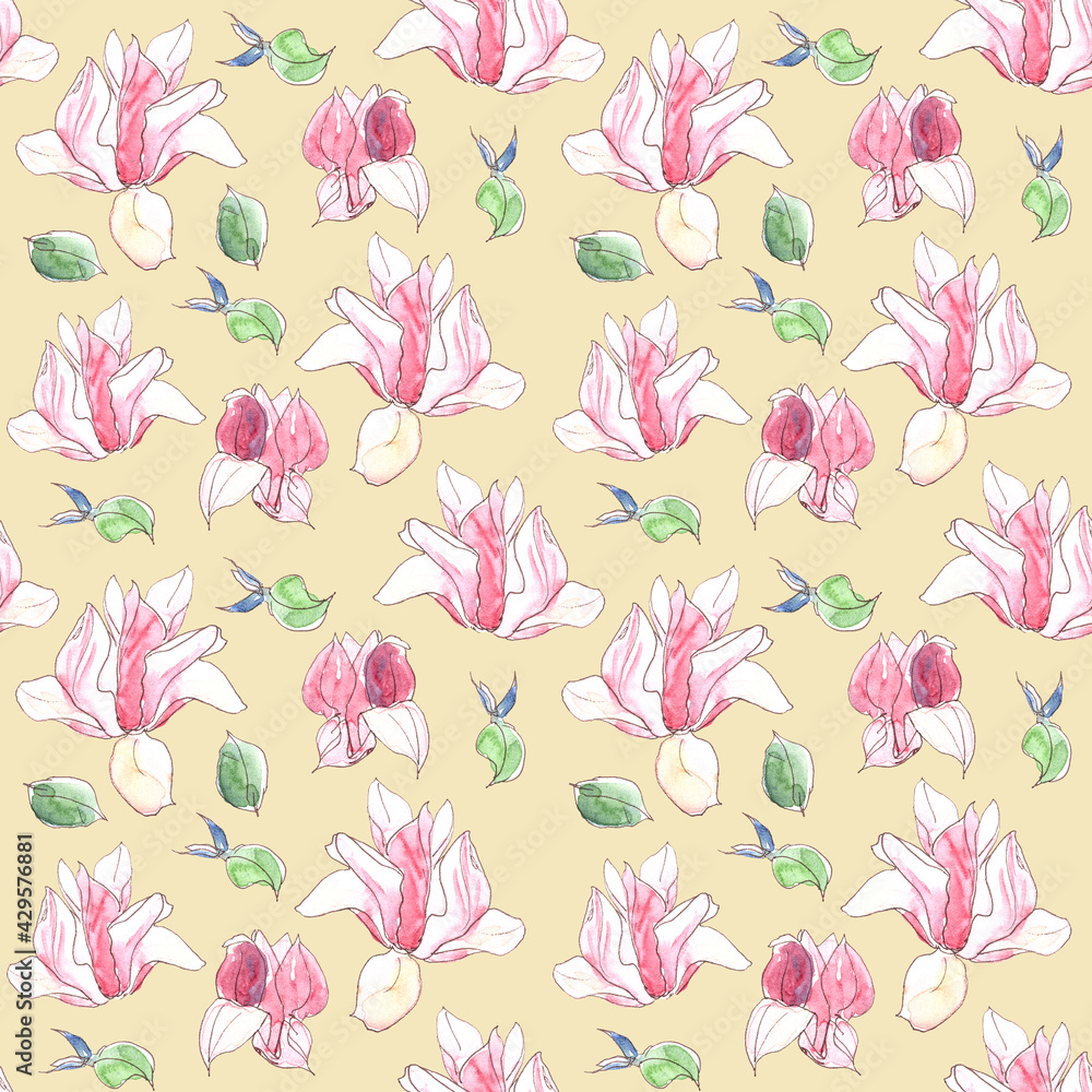 Seamless pattern with watercolor spring magnolia flowers on yellow background