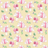 Seamless pattern with watercolor spring magnolia flowers on yellow background
