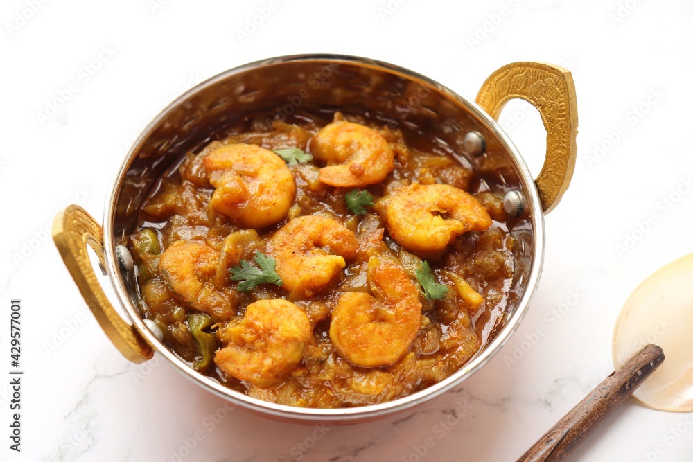 Indian food Prawns masala or shrimp curry. Also known as Kolambi che