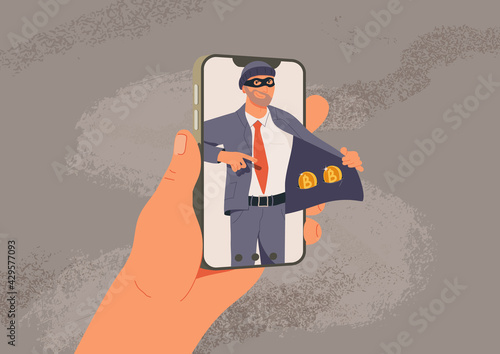 Online fraud vector illustration. Web hacking. Fraudster sells fake cryptocurrency, internet crime flat vector illustration. Hacker character frauding web online