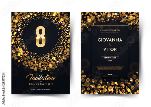 8th years birthday vector black paper luxury invitation double card. Eight years wedding anniversary celebration brochure. Template of invitational for print on dark background with bokeh lights