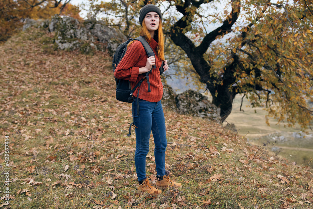 woman hiker backpack nature autumn forest travel woman hiker backpack nature autumn forest travel