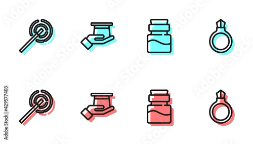 Set line Bottle with potion, Magic wand, Magician hat in hand and stone ring gem icon. Vector