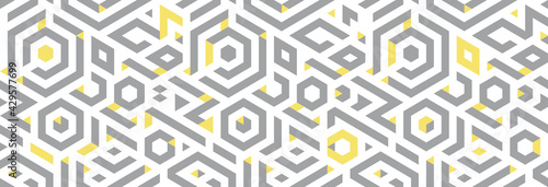 Gray, yellow colors. Abstract pattern with triangles and hexagons on white background. Banner.
