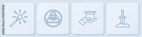 Set line Magic wand, Magician hat in hand, Masons and Sword the stone. White square button. Vector