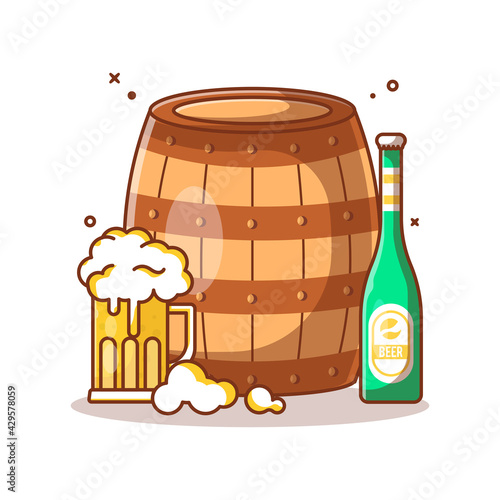 Wooden Barrel and Beer Vector Icon Illustrations