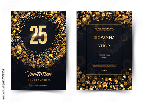 25th years birthday vector black paper luxury invitation double card. Twenty five years wedding anniversary celebration brochure. Template of invitational for print dark background with bokeh lights