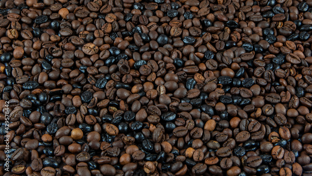 Coffee beans. Background. Spanish styles of roasting beans. Text area. Coffee beans. Background. Spanish styles of roasting beans. Text area.