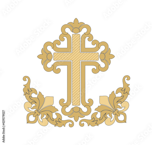GOLD EMBROIDERY FOR LITURGICAL CLOTHES AND SACRED CEREMONIES. SACRED CATHOLIC SYMBOLS IN ANCIENT STYLE WITH GOLDEN DECORATIONS