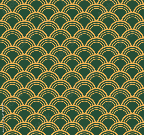 Traditional oriental ocean waves abstract geometric seamless pattern, gold on green background. Eastern style vector illustration. Design concept for Asian holiday print, packaging, wrapping paper.