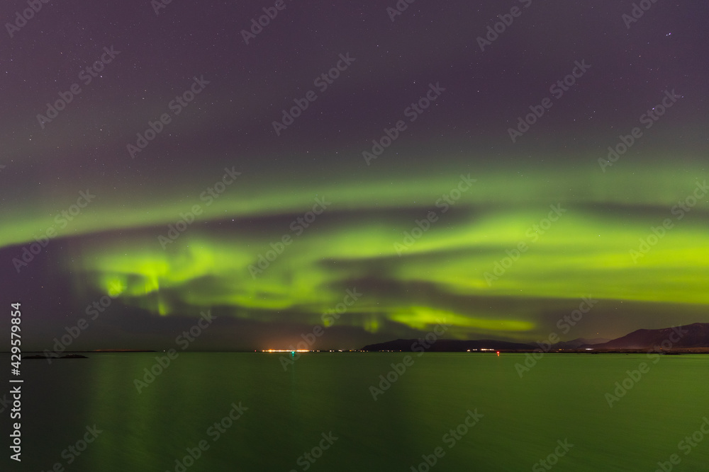 northern light landscape, aurora borealis, iceland, reykjavik, winter time, 