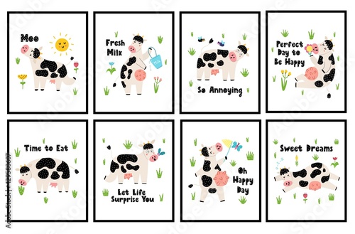 Cute posters set with cows for kids. Funny farm animals prints. Great for baby t-shirts, wallpapers, invitations and card. Vector illustration
