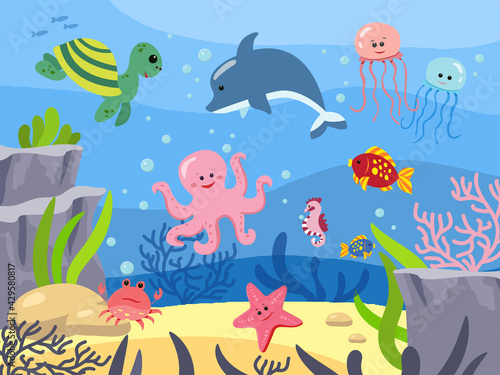 Fototapeta Naklejka Na Ścianę i Meble -  Seabed with mammals, underwater world. Animals of the sea. Background in cartoon style. Vector illustration. Ocean depth