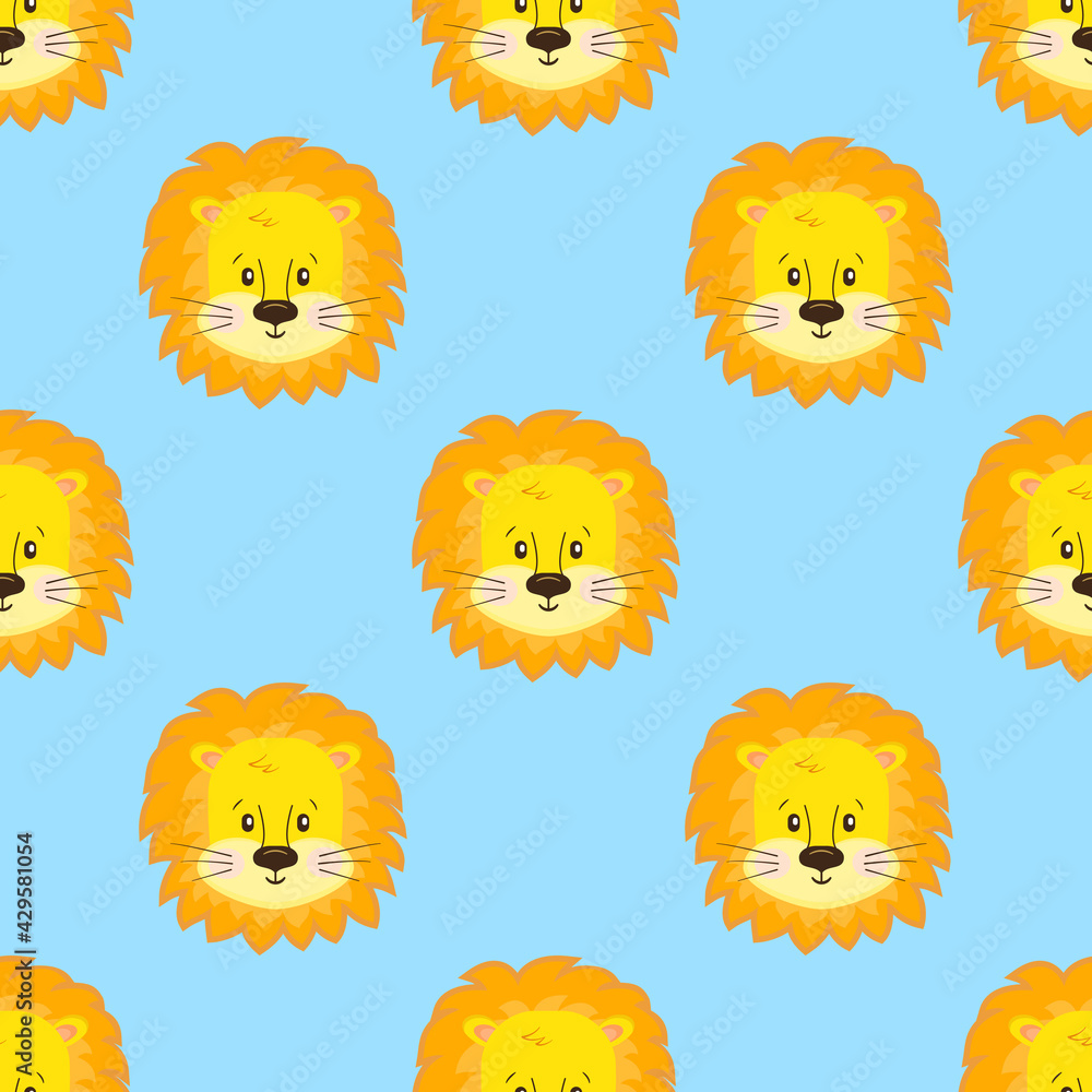Obraz premium Cartoon muzzles of cute baby lions are arranged in rows, seamless vector background with nice African lions for kids.