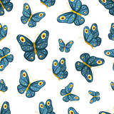 Cartoon blue butterfly with round spots on the wings, seamless vector pattern.  Background with front and side views of cartoon butterflies who are flying with folded and with opened spread wings.