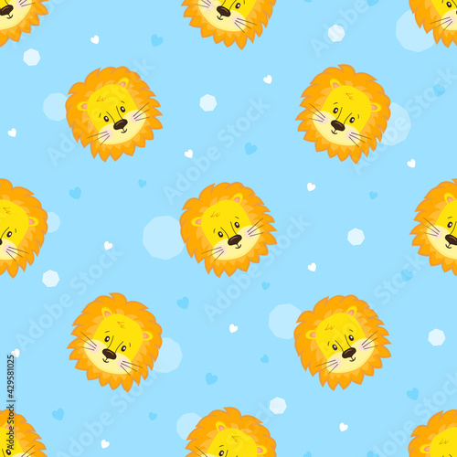 Cute cartoon chubby baby lion with thick fluffy mane, nice funny seamless vector pattern with muzzles and heads of lion cub on the blue background for kids.