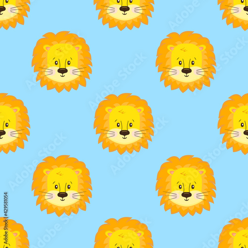 Cartoon muzzles of cute baby lions are arranged in rows, seamless vector background with nice African lions for kids.