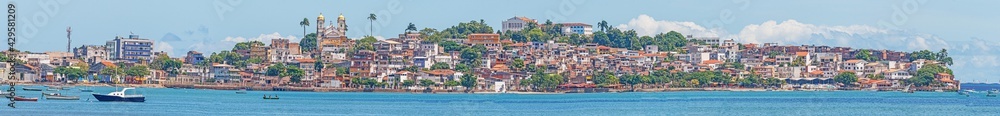 Panoramic view of the old town of Salvador de Bahia from the opposite coastline