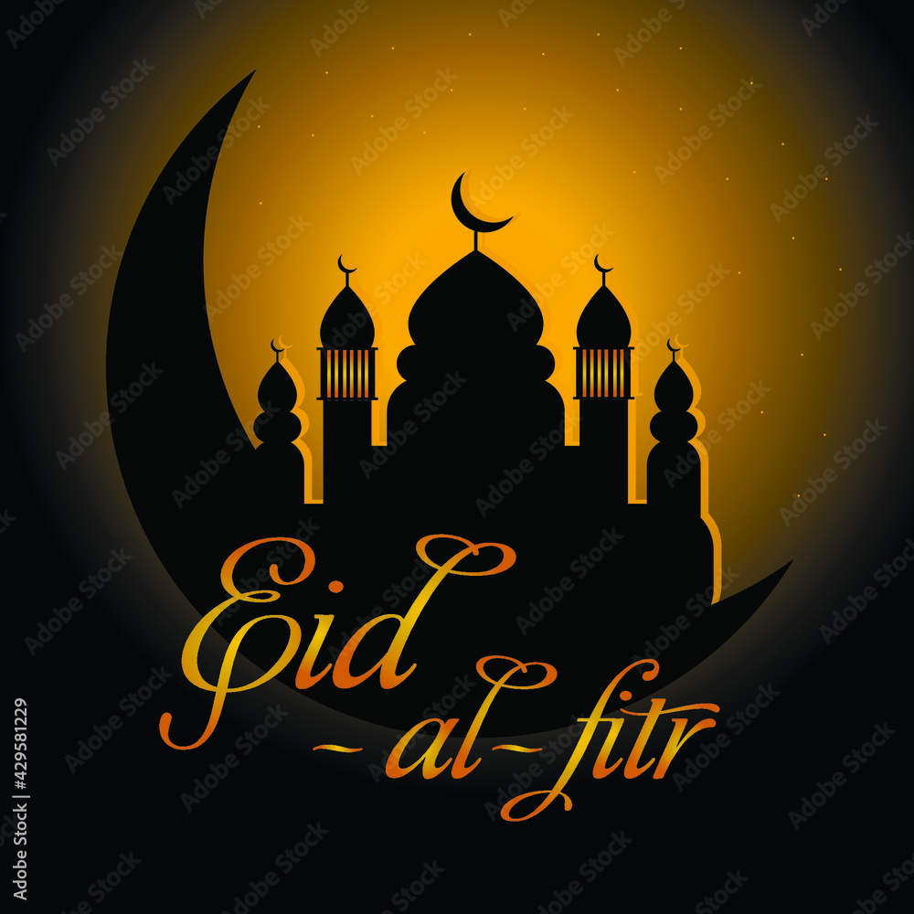 Muslim community festival Eid Al Fitr (Eid Mubarak) background with shiny illustration of mosque.
