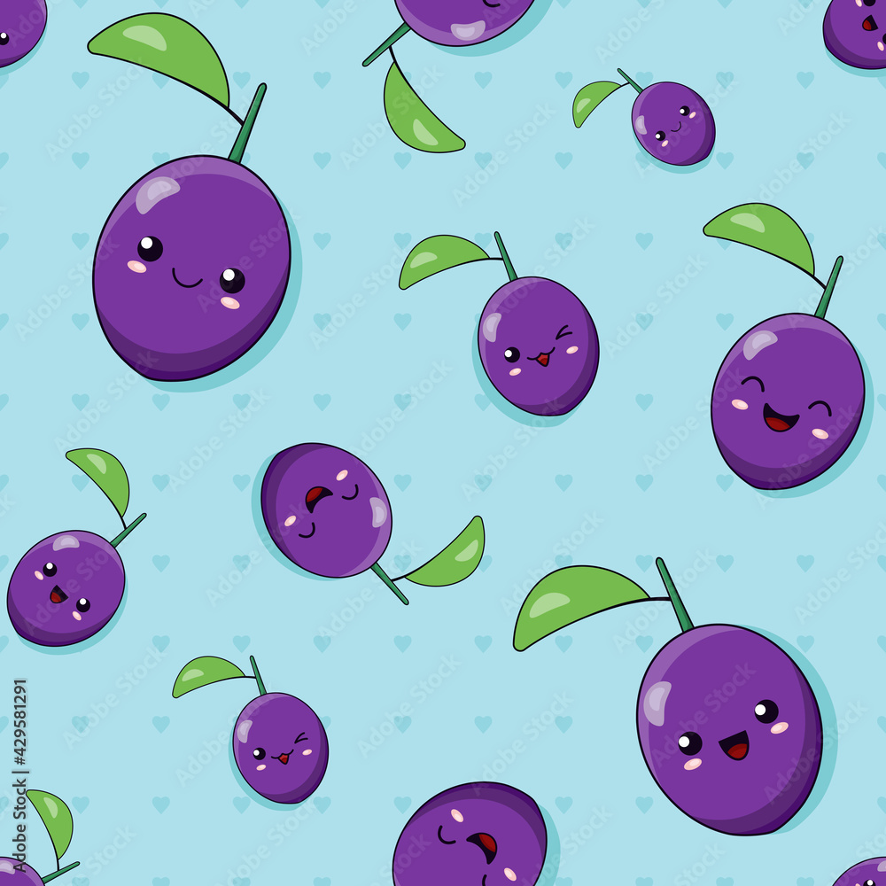 Smiling and laughing cute kawaii cartoon fruits of plum with the