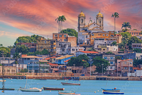 Panoramic view of the old town of Salvador de Bahia from the opposite coast in the afterglow photo