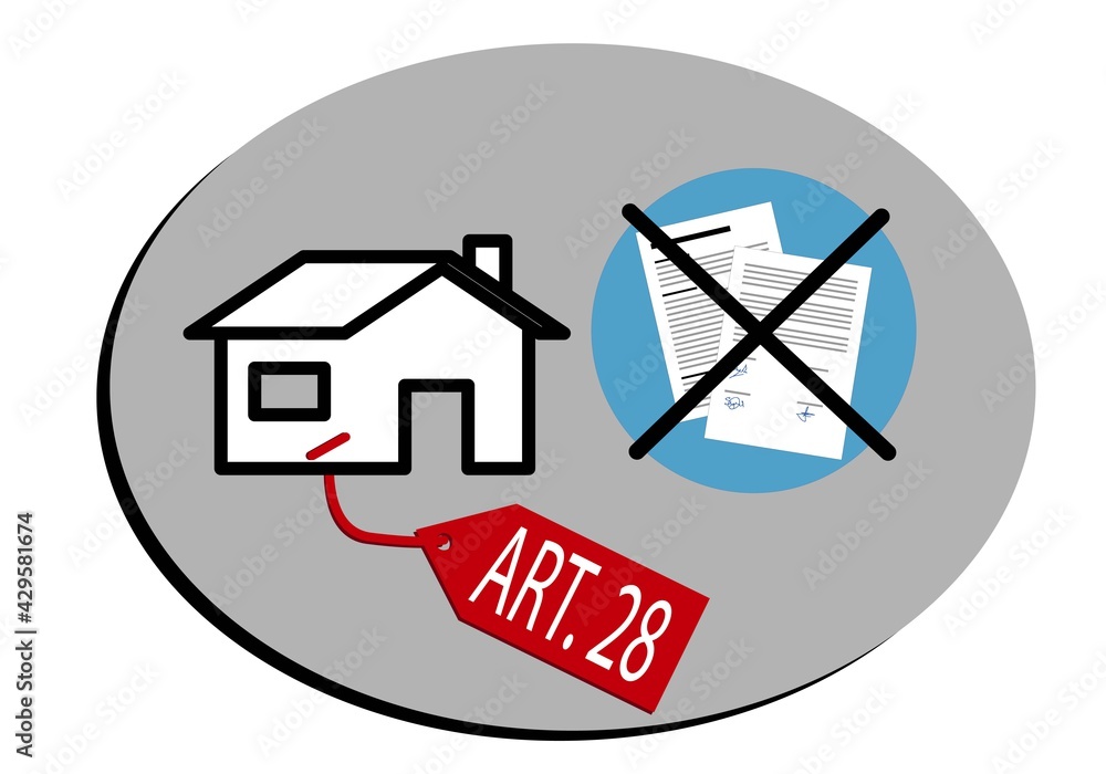 Vivienda o casa afectada por el artículo 28 de la ley hipotecaria o ley de Cuba. Casa con el artículo 28 en la etiqueta y el contrato de compraventa tachado - obrazy, fototapety, plakaty 