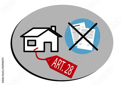 Vivienda o casa afectada por el artículo 28 de la ley hipotecaria o ley de Cuba. Casa con el artículo 28 en la etiqueta y el contrato de compraventa tachado
