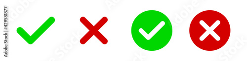 Check mark and X mark icon. Checkmark and x mark icon for apps and websites. Green and red check mark vector icons