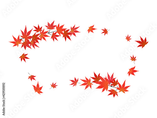 紅葉したモミジの枝葉のフレーム（扇形／水彩画風加工）