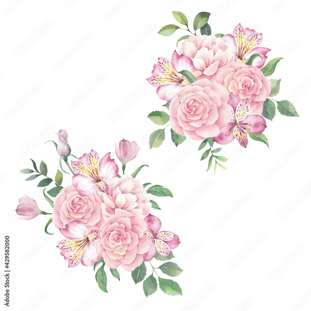 Set of bouquets of roses and peonies on a white background.