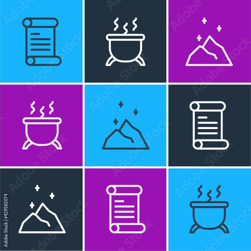 Set line Decree, parchment, scroll, Magic powder and Witch cauldron icon. Vector