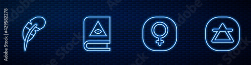 Set line Venus, Feather pen, Ancient magic book and Air element. Glowing neon icon on brick wall. Vector