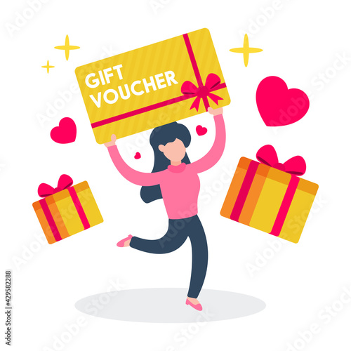 Happy woman showing a gift voucher card. The creative concept idea of earning prizes or rewards. Simple trendy cute cartoon character vector illustration. Modern flat style graphic design icon.