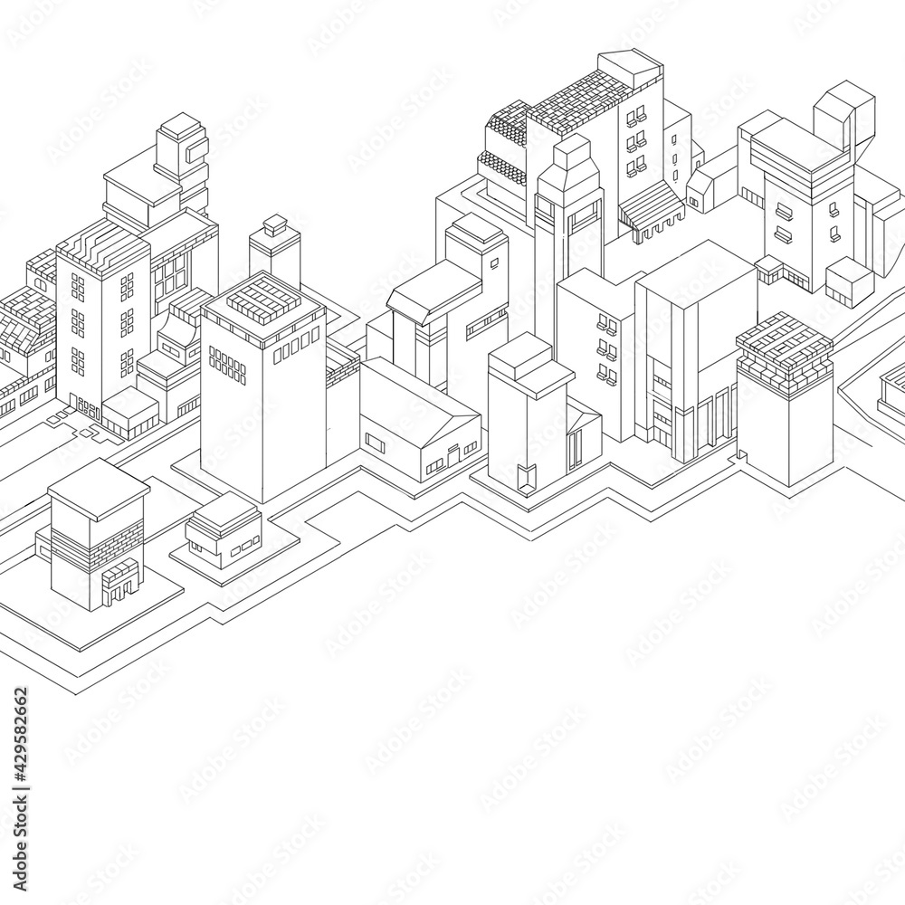 View isometric of city, building skyscraper lines houses illustration on blue background Sketch 