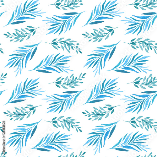 Watercolor pattern with blue leaves. Abstract botanical pattern with leaves. Bright blue twigs. Deciduous pattern.
