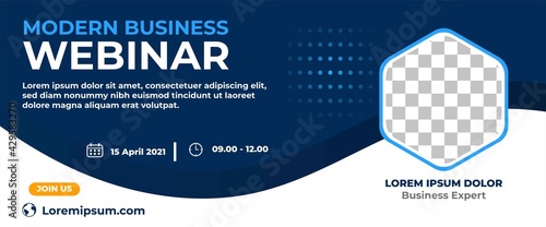 Business webinar horizontal banner design. Modern banner design with dark blue and white background color and place for the photo. Usable for banner, cover, and header.